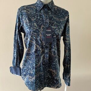 Chaps women’s blouse shirt paisley blue long sleeve button up no iron small